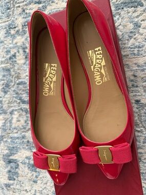 Salvatore Ferragamo Red Patent Leather Bow Flats